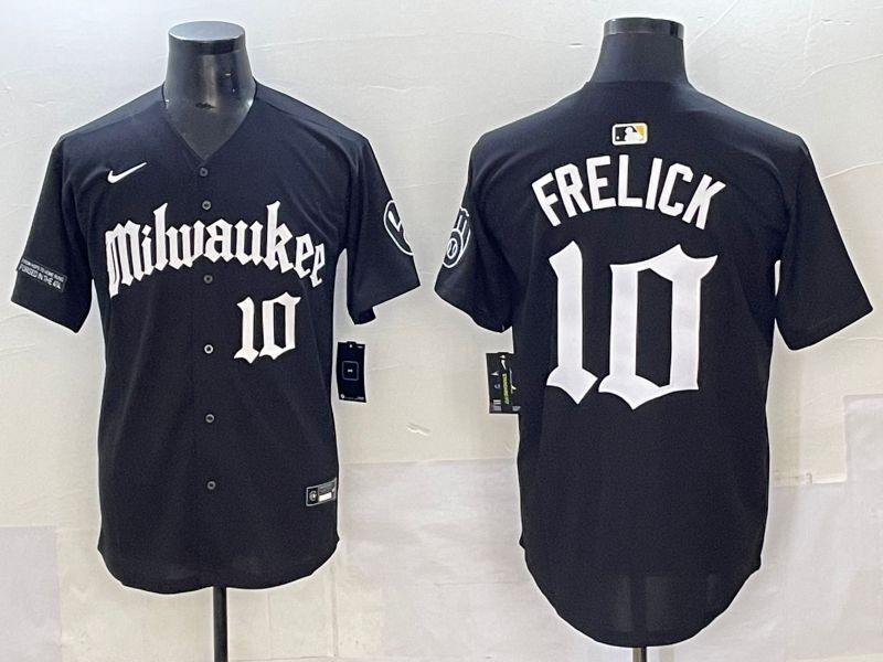 Men 2025 Milwaukee Brewers #10 Frelick Black Five generations Joint Name Nike MLB Jersey style 09